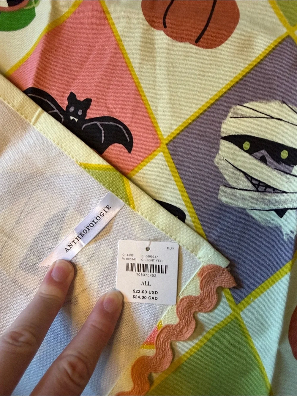 Anthropologie Halloween Panel Print Tea Towel - Pink, Purple, Green, Cream